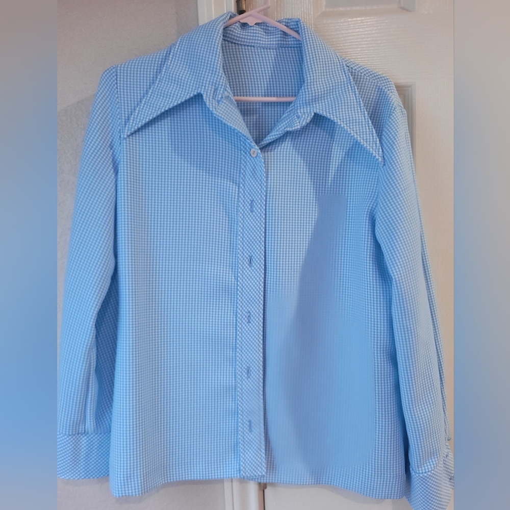 Vintage Blue Gingham Polyester Women's Top